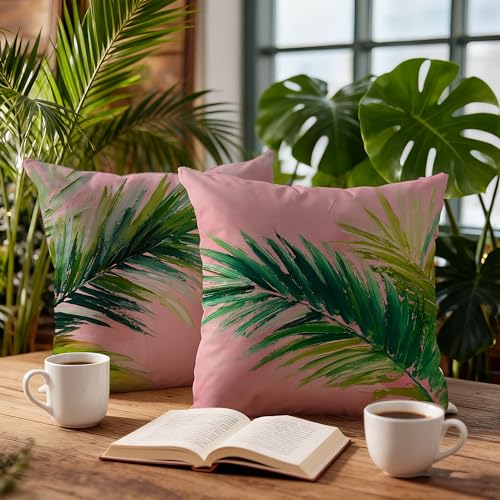 Image of Summer Pink and Green Tropical Palm Leaf Decorative Throw Pillow Cover Decor 18x18,Palm Leaf Botanical Decorative Lumber Beach Plant Throw Pillow Cover for Cabin Couch Double-Sided Set of 2