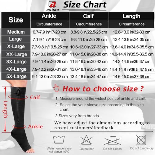 Image of Ailaka Zipper Compression Socks for Women Men, 20-30 mmHg Open Toe Compression Socks Knee High, Ted Hose Compression Stockings for Edema, Varicose Veins