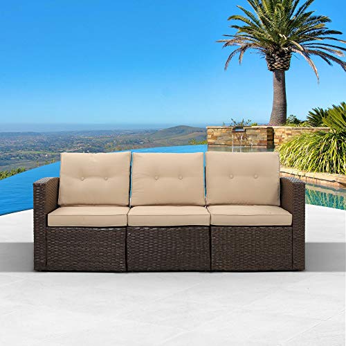 3-Seat Outdoor Patio Sofa, PE Rattan Wicker Sectional Couch Furniture Aluminum Frame with Cushions Lawn Balcony Poolside or Backyard (Brown/Beige)