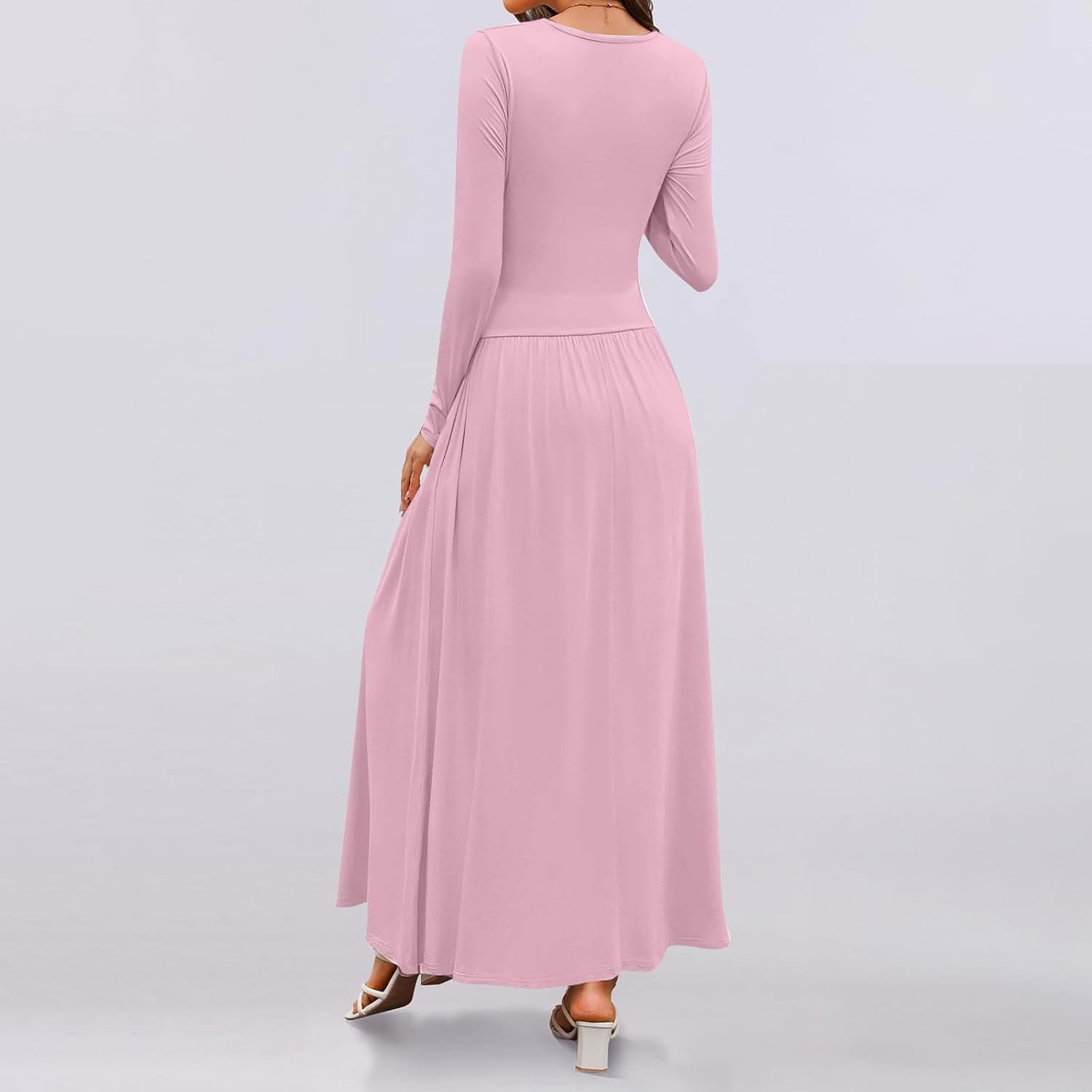 Women's Long-Sleeved Maxi Dress Casual Slim Swing Pleated Dresses Crew Neck Tunic Waist Long Dress with Pockets