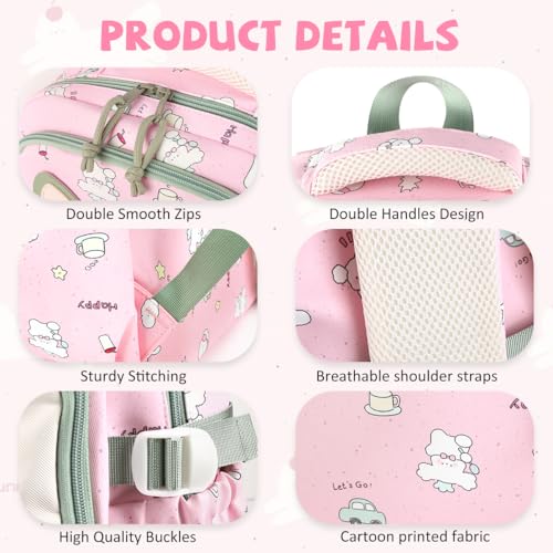 Image of PALAY School Bag for Girls Pink Nylon Backpack Cute Cat Waterproof Bookbag Kawaii Cartoon Printed Daypack Large Capacity Multi-pockets Bagpacker Bag for Primary, Elementary, Middle School