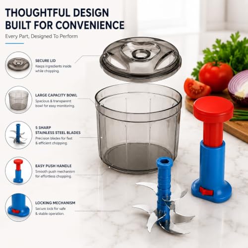 Image of TheXpert Vegetable Chopper for Kitchen | Chopper for Kitchen Use | Manual Food Chopper with Stainless Steel Blades | Food Grade Plastic | Easy to Use Kitchen Tool (1100ml Push Chopper)