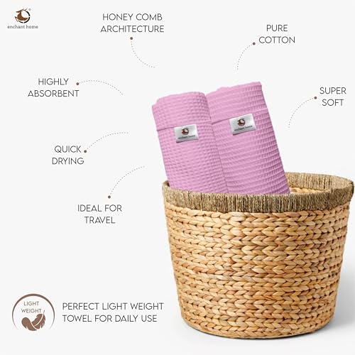 Image of Pure Cotton Waffle Towel | Lightweight | Anti Microbial and Water Absorbent | Soft Touch Quick Drying Hand Towels (Pink, Pack of 4)