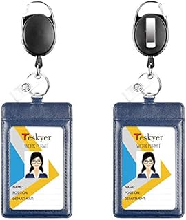 Teskyer 2 Pack Vertical Badge Holders, Transparent ID Card Holder, Heavy Duty Retractable Badge Reels, PU Leather ID Card Holders with 2 Card Slots with Carabiner Reel Clip