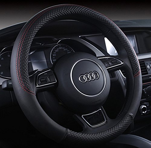 Image of Follicomfy Auto Car Genuine Leather Steering Wheel Cover Anti Slip Wrap 15",Black