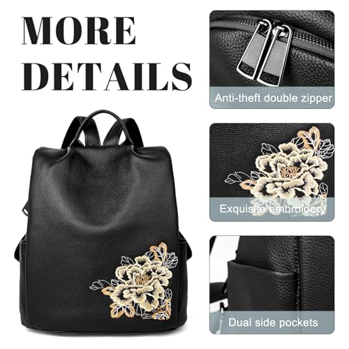 Image of BOYATU Women's Full-Grain Leather Backpack Purse, Elegant Floral Designer Purse, Work Commuter & City Travel, Compact Everyday Essentials, Fashion RFID Pocket Bag (Black)