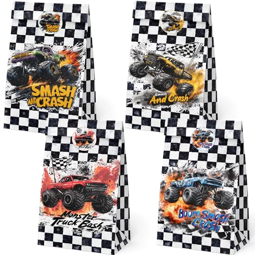 BonBeeDesign Monster Truck Party Favor Bags 24 Pack Truck Goodie Bags with Stickers for Birthday Party Decorations Racing Candy Treat Bags for Kids Snacks