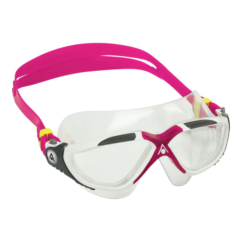 Aqua Sphere Vista Adult Unisex Swim Goggles - OneTouch Custom Fit, Wide Peripheral Vision - Durable Mask for Active Open Water Swimmers - Clear Lens, White/Raspberry Frame