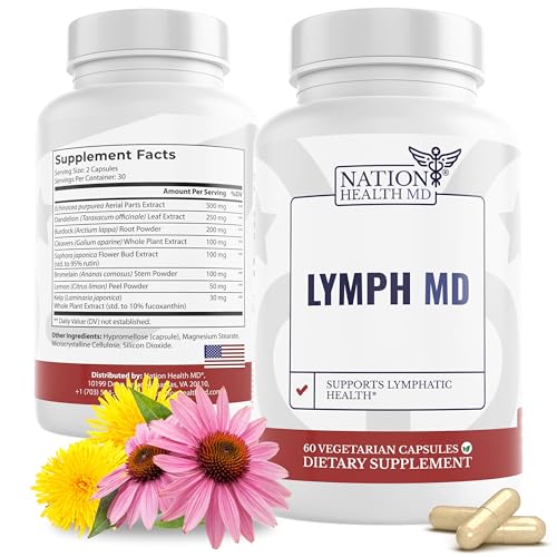 NATION HEALTH MD Lymph MD - Lymphatic Drainage Supplement - with Bromelain Echinacea Burdock Root Dandelion Rutin Kelp & More - Lymph System Support for Women & Men - 60 Capsules