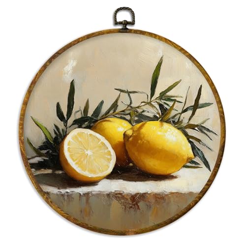 XPH Vintage Rustic Lemon Round Wall Art Framed, Minimalist Still Life Lemon Circle Wall Decor, Antique Rustic Fruit Hanging Canvas Prints for Farmhouse Home Kitchen Decoration, 10x10 Inch