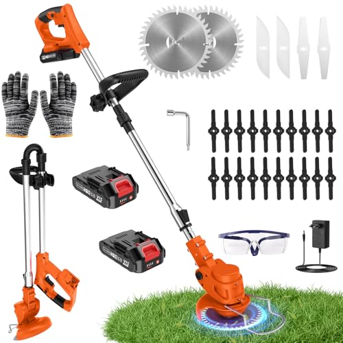 Debroussailleuse Electrique sans Fil 850W Rotofil Batterie 1.8kg Pliable 60cm Manche Telescopique 2X 2000mAh 26 Lames 4 Types pour Entretien Jardin (Orange Cuivré)