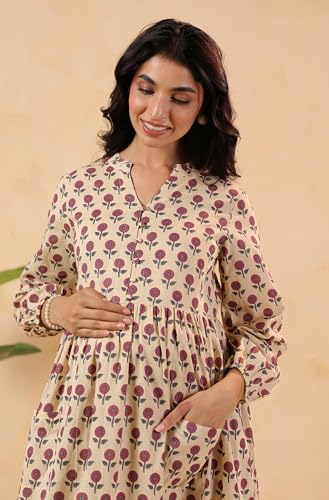 Image of Janasya Women's Pure Cotton Floral Printed A-line Maternity Kurta Pant Set