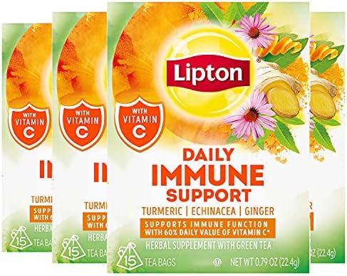 Lipton Daily Immune Support Herbal Supplement with Green Tea Turmeric Echinacea and Ginger With Vitamin C 15 ct, Pack of 4