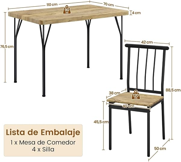 Yaheetech Dining Table and Chairs Set, Kitchen Table with 4 Chairs, 4cm Thick Top, MDF Wood and Metal, Industrial Style Space Saving for Terrace, Living Room and Living Room, Brown - 3