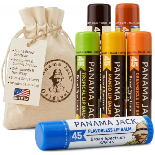 Panama Jack Sunscreen Lip Balm - SPF 45, Flavor Pack, Broad Spectrum UVA-UVB Sunscreen Protection, Prevents & Soothes Dry, Chapped Lips (6 Pack)