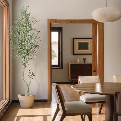 GarveeHome Faux Olive Tree 7ft, Olive Trees Artificial Indoor with White Planter, Artificial Silk Plants with Green Leaves and Big Fruits for Home Office DéCor Living Room Bedroom Stairs Foyer,2 Pack