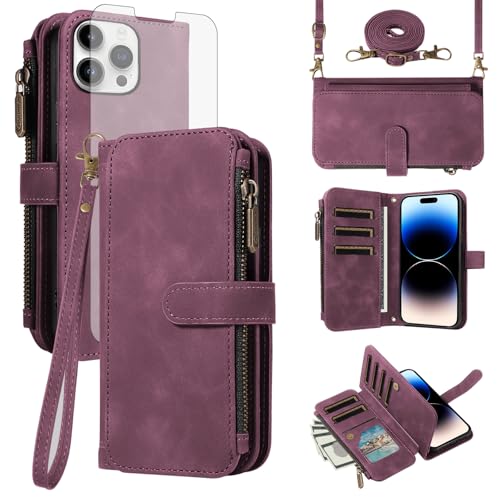 Étui clapet iPhone 14 Pro Max luxe bordeaux en cuir PU avec porte-carte chaîne