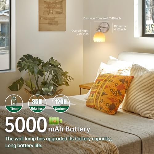Image of Shenmoyl Vintage 5000 mAh Battery Operated Wall Sconce with Cream Tulip Glass Lampshade Rechargeable Battery Powered Wall Light with Remote Control for Bedroom Doorway, Set of 2