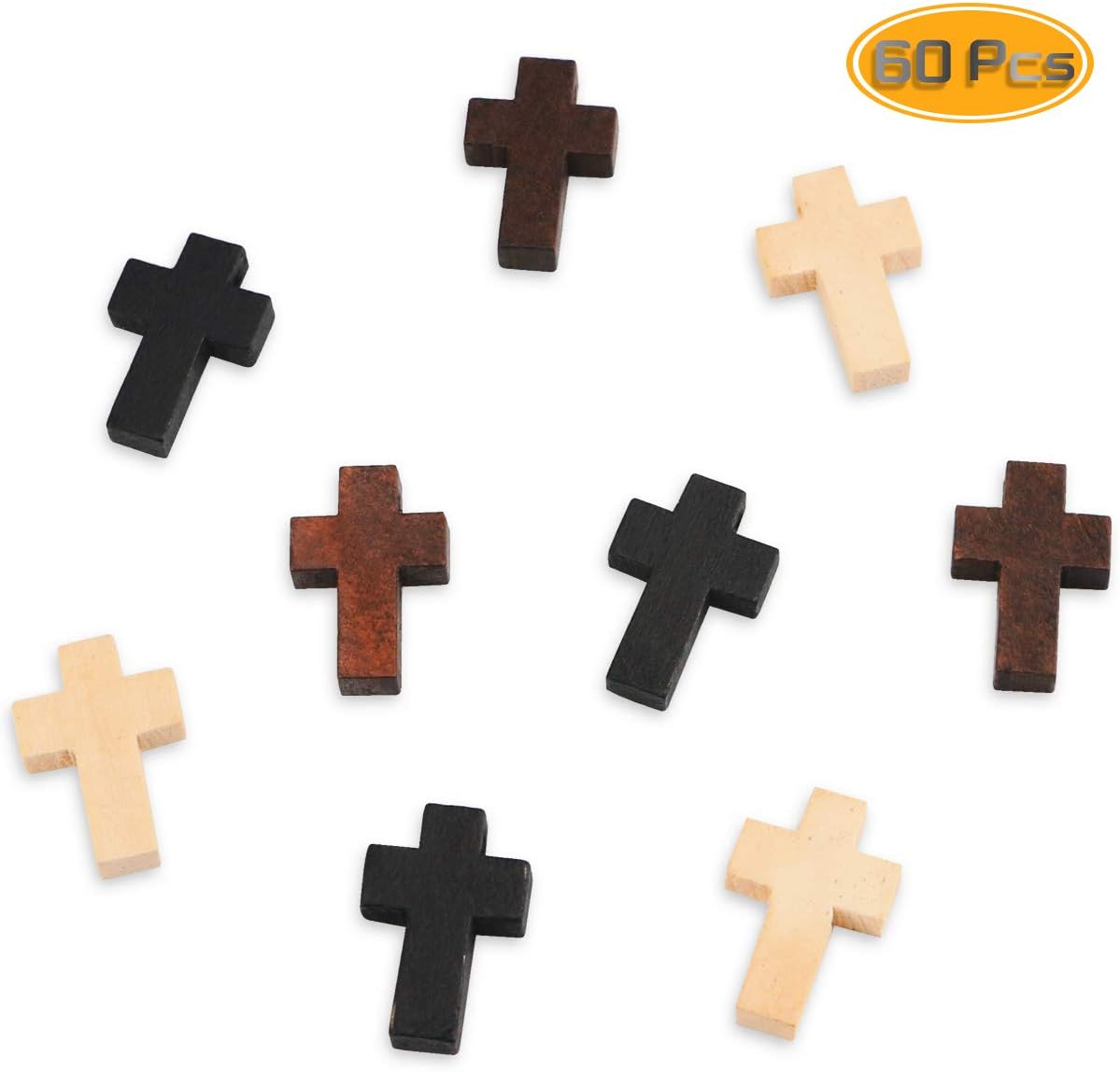 Oruuum 60PCS Natural Unfinished Wood Cross Pendants, Cross Charm Spacer Beads for Crafts & DIY Jewelry Projects (22x14x5mm, Black, Coffee, Beige)