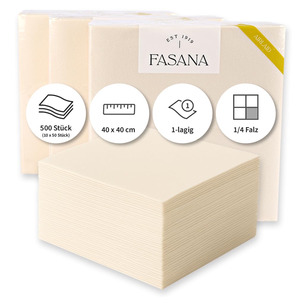 500 Stück Servietten Eleganza, 40 x 40 cm, 1-lagig, 1/4 Falz | Airlaid, FSC®-Mix, creme, L: 40cm, B: 40cm, Papierservietten, Servietten, Einweg-Servietten