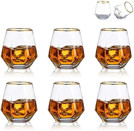 Diamond Whiskey Glasses Set of 2 Water Juice Tumbler Tilted Scotch Glass 300ml Whisky Glass Modern Look Glassware for Bourbon/Rum/Bar Tumbler