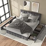 Doppelbett Polsterbett mit 4 Stauraum 140x200cm Gepolstertes Bett Bettrahmen - höhenverstellbares Kopfteil | dekorativen Knöpfen - Jugendbett für Erwachsene & Jugendliche【DE 3-7 Tage】