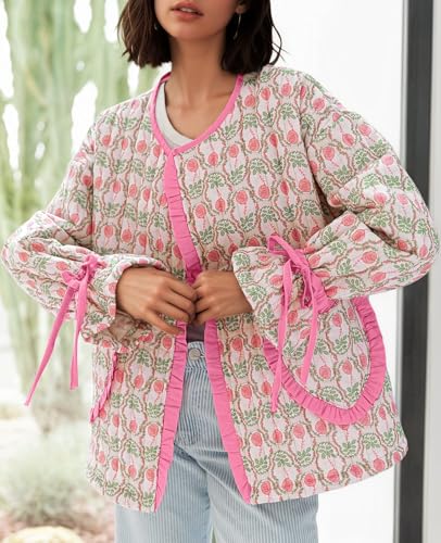 Tankaneo Womens Cropped Puffer Jacket Floral Print Open Front Quilted Jacket Bow Tie Heart Coat Lightweight Outerwear4