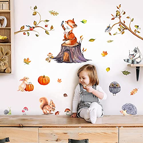 Yovkky Fall Woodland Fox Owl Squirrel Animal Wall Decal, Peel Stick Tree Branches Rabbit Hedgehog Sticker Autumn Pumpkin Nursery Decor, Home Decorations Kid Baby Bedroom Playroom Art Party Supply Gift Yovkky Fall Woodland Fox Owl Squirrel Animal Wall Decal, Peel Stick Tree Branches Rabbit Hedgehog Sticker Autumn Pumpkin Nursery Decor, Home Decorations Kid Baby Bedroom Playroom Art Party Supply Gift