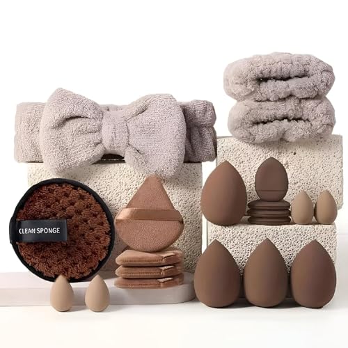 Image of Multi-Shape Makeup Sponge Set | 20 Piece Beauty Puff Collection with Headband and Clean Sponge | Pink, Purple, Beige & Bright Sets | Face Blender Kit for Cream, Liquid & Powder | Aesthetic and Functional Makeup Tool