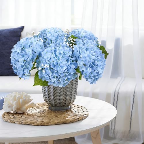 Image of Bassion 4 Pcs 21 inch Blue Hydrangea Artificial Flowers for Decorations | Realistic, lates real touch faux hydrangeas, for wedding bouquet party table centerpieces arrangements home decorations