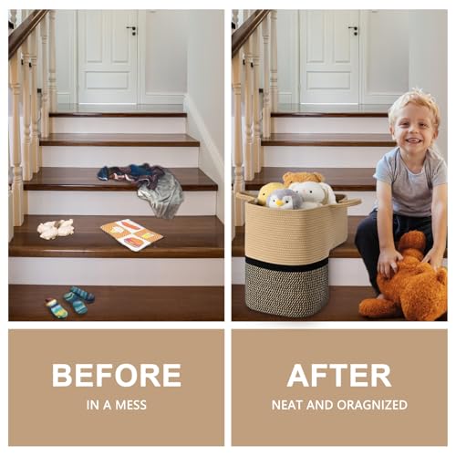 Image of Stair Basket for Wooden & Carpeted Stairs, Foldable Cotton Rope Step Basket with Handles, Staircase Storage Organizer, Brown&Black, 15 inch Lx 10 inch W x 15 inch H