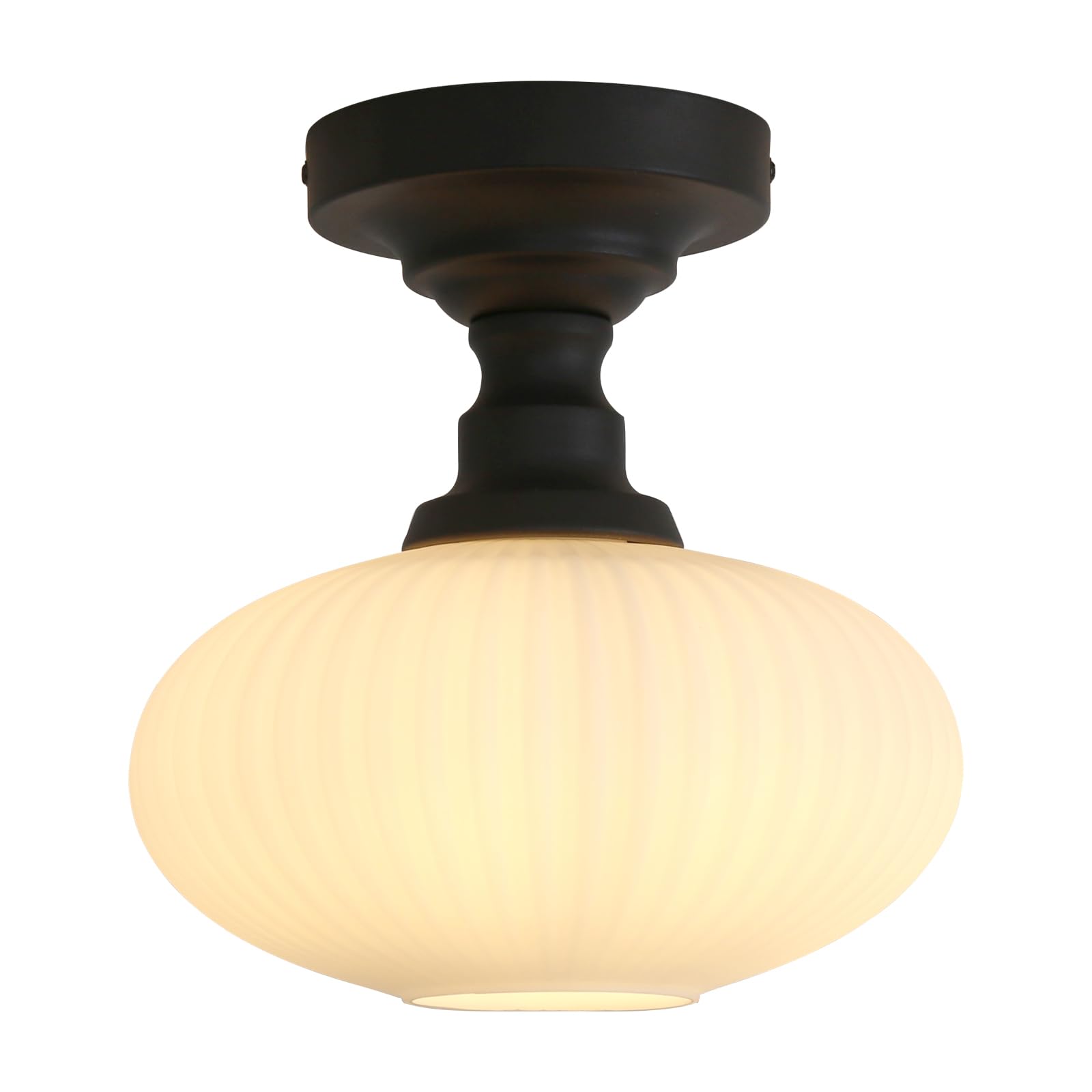 Pathson Milky Striped Flush Mounted Ceiling Light with Round Lantern Shape Vintage Glass Ceiling Lamp Fixture Over Kitchen