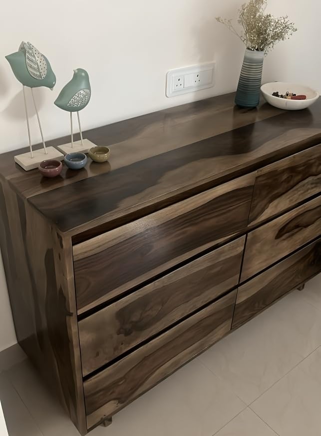 Image of Sheesham Wood Sideboard Cabinet with 6 Drawer Storage for Living Room Home and Office | Chest of 6 Drawer | Sheesham Wood (Light Black)