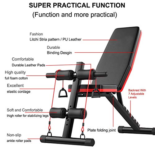 Riforla Home Gym Adjustable Weight Bench Foldable Workout Bench Sit Up AB Incline Abs Bench Flat Fly Press Fitness Rope Weight Capacity 600LBS