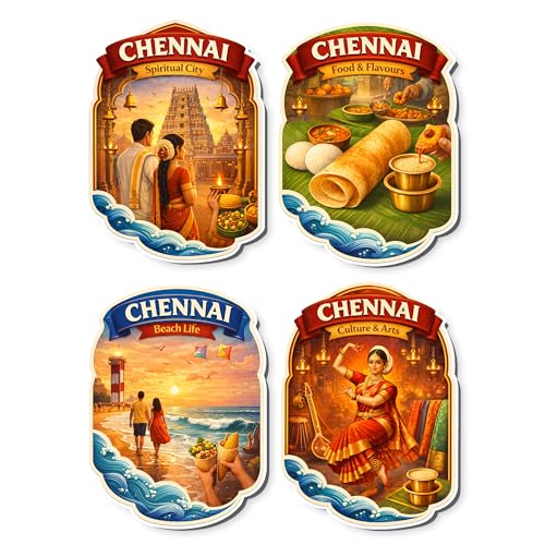 Image of Regalo Casila Chennai Tourism Souvenir Fridge Magnets Set of 4 Spiritual City Food Flavours Beach Life Culture Arts Tamil Nadu Decorative Refrigerator Magnets
