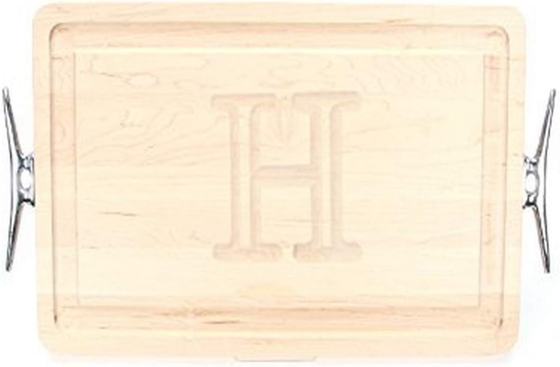 BigWood Boards Thick Carving Board with Large Boat Cleat Handle in Cast Aluminum, 15-Inch by 24-Inch by 1.25-Inch, Monogrammed "H", Maple