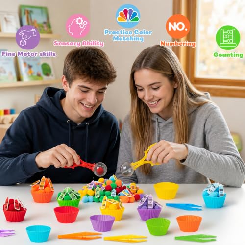 Image of EZdhuawuse Crayon Sensory Bin Fillers, 321Pcs Back to School Fine Motor Set | Counting Sorting Summer Gift for Teens Students Adults, Colorful Felt Crayons Pom Poms Cup Clip, School Education Activities