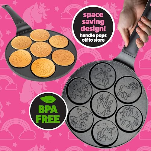 Image of Unicorn Mini Pancake Pan - Make 7 Unique Flapjack Unicorns, Nonstick Pan Cake Maker Griddle for Breakfast Fun & Easy Cleanup | Nonstick Pan Cake Maker Griddle for Breakfast Fun, Easy Cleanup, Long Handle, Girls Magical Dessert Treat, Gift for Kid Party