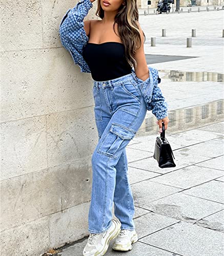 Cargo Jeans for Women High Waisted Cargo Pants Y2k Baggy Wide Leg Denim Fashion Trousers Pants with Flap Pockets4