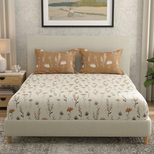 Image of HUESLAND by Ahmedabad Cotton 144 TC Cotton Elastic Fitted Bedsheet for Double Bed with 2 Pillow Covers | 60 x 78 inches