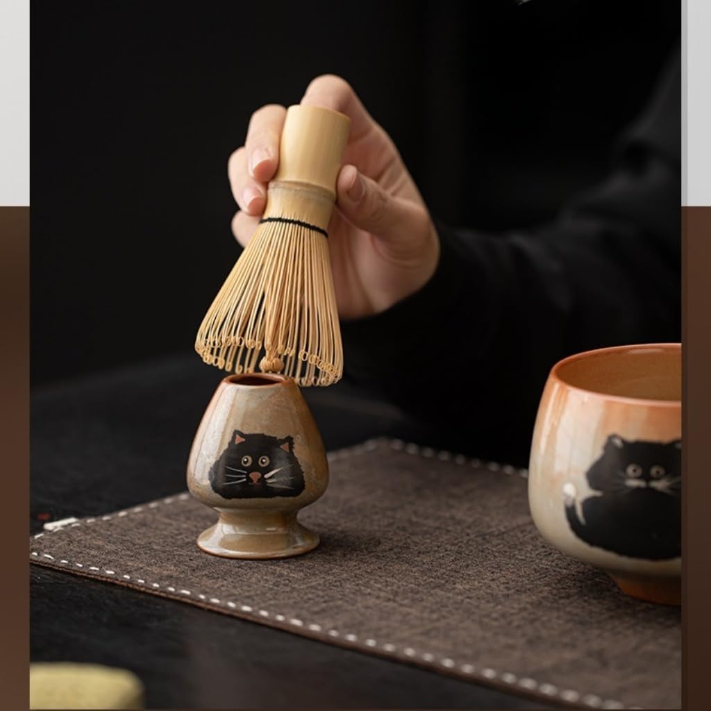 Matcha Whisk Set -4 Piece Ceremony Matcha Set with Matcha Whisk,Bamboo Matcha Scoop, Whisk Holder,Ceramic Matcha Bowl,Cat Design Matcha Tea Ceremony fit for Traditional Japanese Tea Ceremony (Cat B)