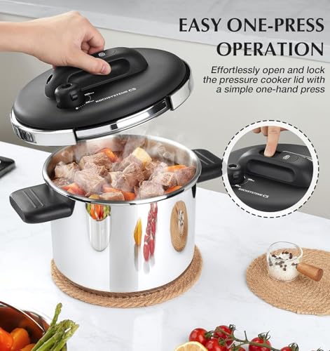 KOCH SYSTEME CS Stainless Steel Pressure Cooker 6.3 QT, Olla de Presion, Easy One-Press Lock, 3 PSI Settings Stovetop Pressure Cookers, Save 70% Time, Induction Compatible, Glass Lid & Steamer Rack - Image 3