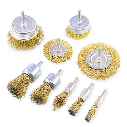 Swpeet 9Pcs Brass Coated Wire Brush Wheel & Cup Brush Set with 1/4-Inch Shank, 9 Sizes Coated Wire Drill Brush Set Perfect For Removal of Rust/Corrosion/Paint - Reduced Wire Breakage and Longer Life