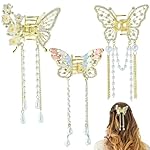 3PCS Butterfly Hair Claw Clip With Pearl and Rhinestone Tassel, Metal Small Hair Clips, Cute Hair Styling Accessories for Women and Girls, Gold
