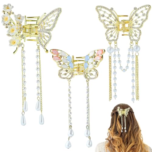 3PCS Butterfly Hair Claw Clip With Pearl and Rhinestone Tassel, Metal Small Hair Clips, Cute Hair Styling Accessories for Women and Girls, Gold