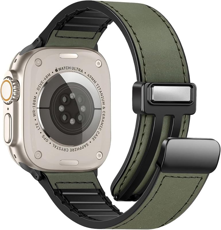 Image of Magnetic Leather Bands Compatible with Apple Watch 49mm 46mm 45mm 44mm 42mm | Genuine Leather with Magnetic Buckle for iWatch Ultra 2 Ultra SE Series 10 9 8 7 5 4 3