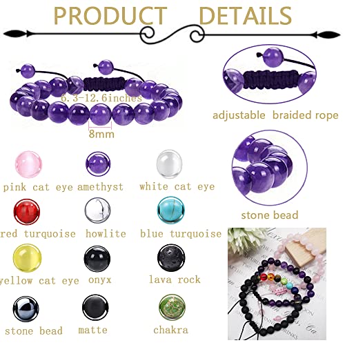 Finzor 12Pcs 8Mm Healing Stone Beads Bracelets For Women Men Semi-Precious Gemstone Crystal Beaded Bracelets Lava Rock Tiger Eye Amethyst Chakra Bracelets Unisex Adjustable #TOP2