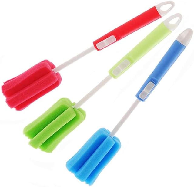 QUUPY 3Pcs Adjustable Sponge Cleaning Brush with Long Plastic Handle Bottle Cleaner Cup Cleaning Brush Feeding Bottle Scrubber Washing Brush for Glass Winebottle Coffee Glasses Pot (Color Random)