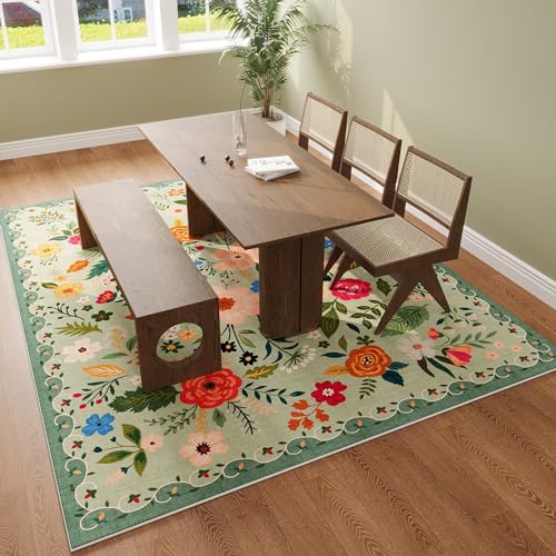 Living Room Rug 5x7 Rug Machine Washable Boho Area Rug Non Slip Floral Vintage Low Pile Large Rugs for Living Room, Bedroom, Farmhouse, Dining Room, Kids Playroom(Green)
