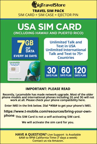 BigTravelStore USA Travel SIM Card LYCA (Including Hawaii and Puerto Rico) 7 GB 4G LTE Data in USA with UNL Calls and Text in USA with INTL Calls to 75+ Countries. We Must Activate The Card (30 Days)